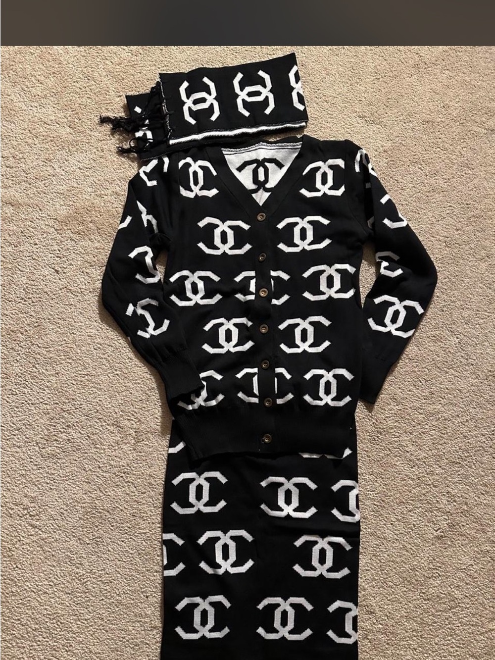 Black & White Logo Knit Cardigan and Skirt Set